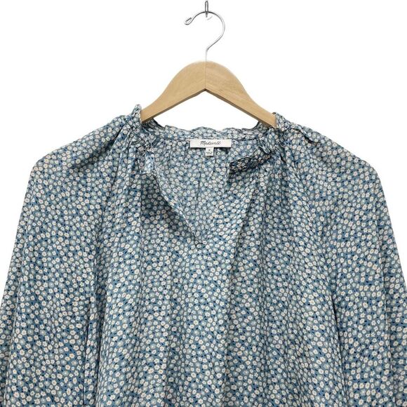 Madewell 100% Silk Poet Top Dusty Slate Blue & Cream Bitsy Floral Size Medium - Picture 8 of 15